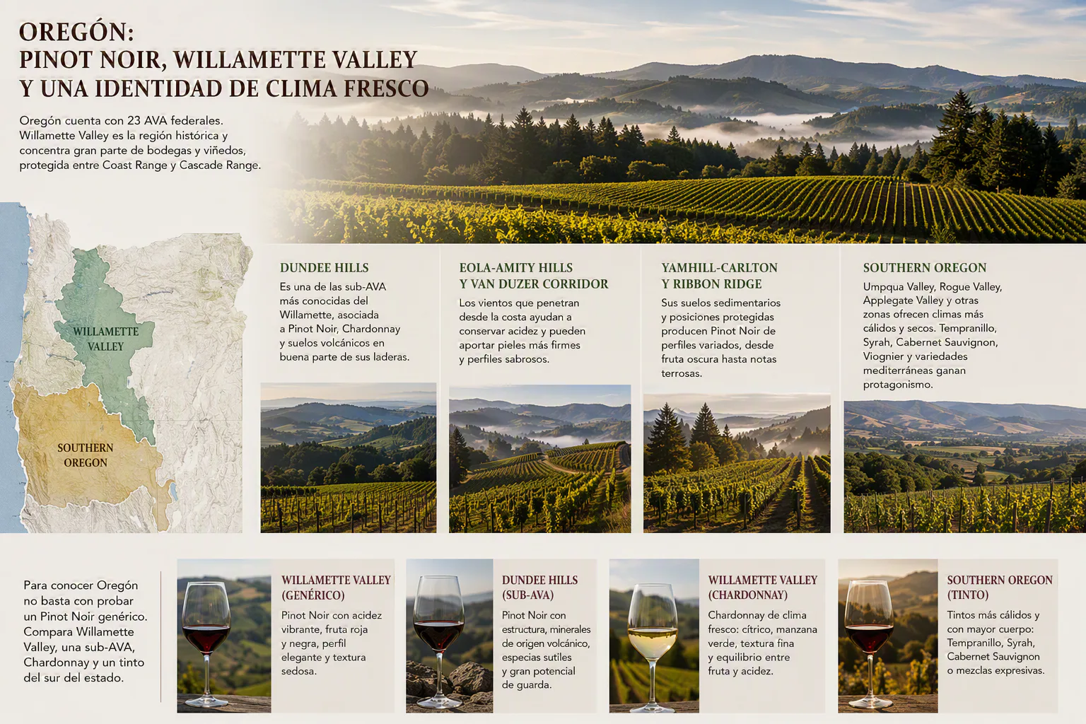 Viñedos de Pinot Noir en Willamette Valley con colinas verdes y montañas de Oregón