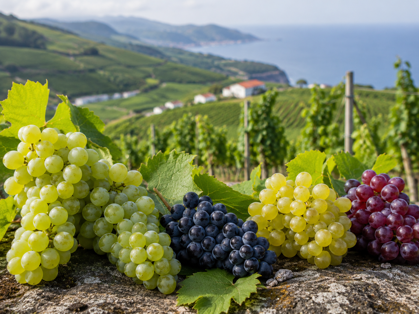 Racimos de Hondarrabi Zuri, Hondarrabi Beltza, Tempranillo y Viura