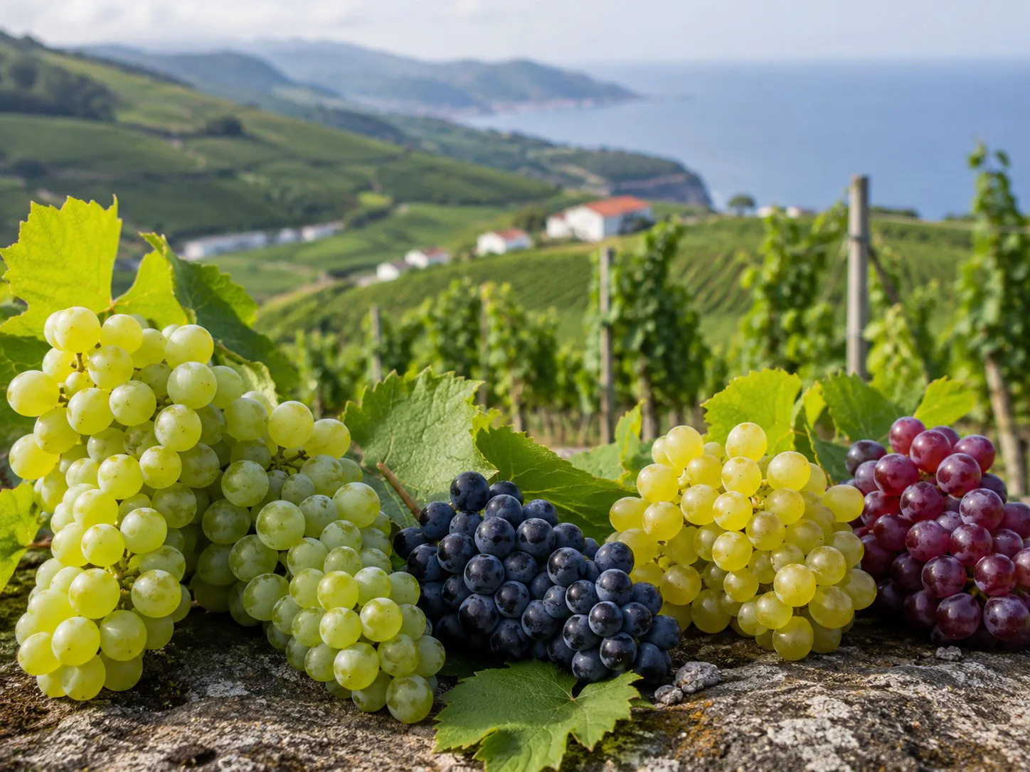 Racimos de Hondarrabi Zuri, Hondarrabi Beltza, Tempranillo y Viura
