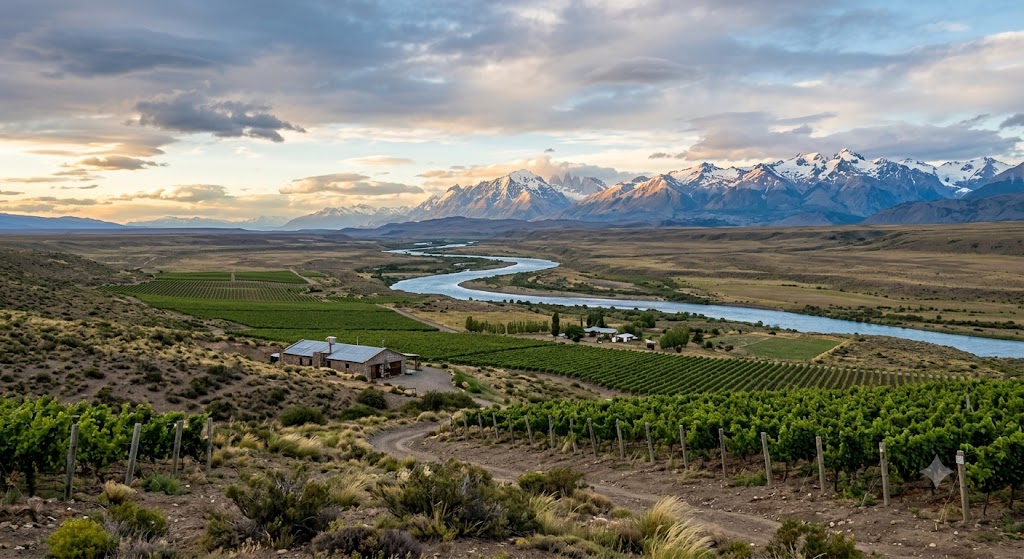 Viñedos de Patagonia en Río Negro y Neuquén bajo un cielo amplio y ventoso