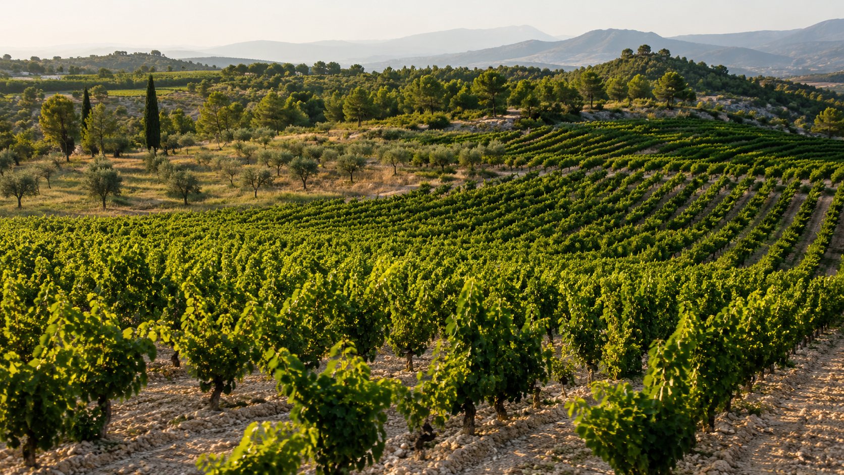 Viñedos de Xarel·lo en el Penedès con paisaje mediterráneo catalán