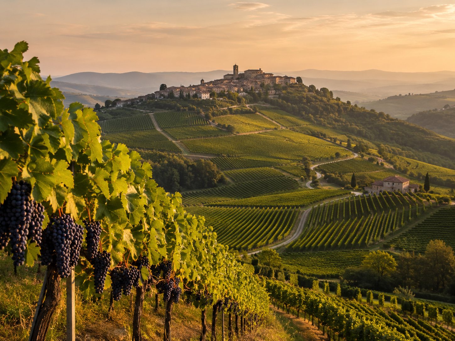 Viñedos de Langhe en Piamonte con colinas, pueblos y montañas al fondo
