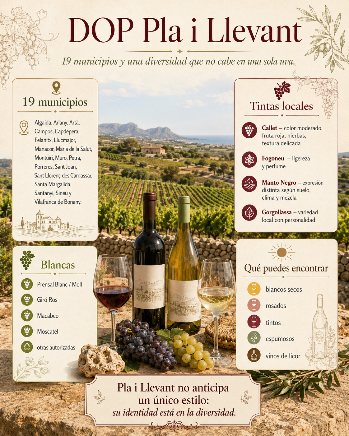 Viñedos de Pla i Llevant en Mallorca con Callet, Fogoneu y Prensal Blanc cerca del paisaje mediterráneo