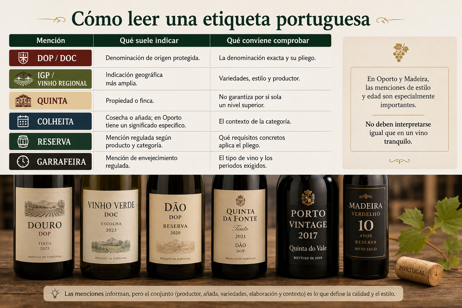 Botellas portuguesas con ejemplos de menciones DOP, IGP, Reserva, Colheita, Quinta y Garrafeira