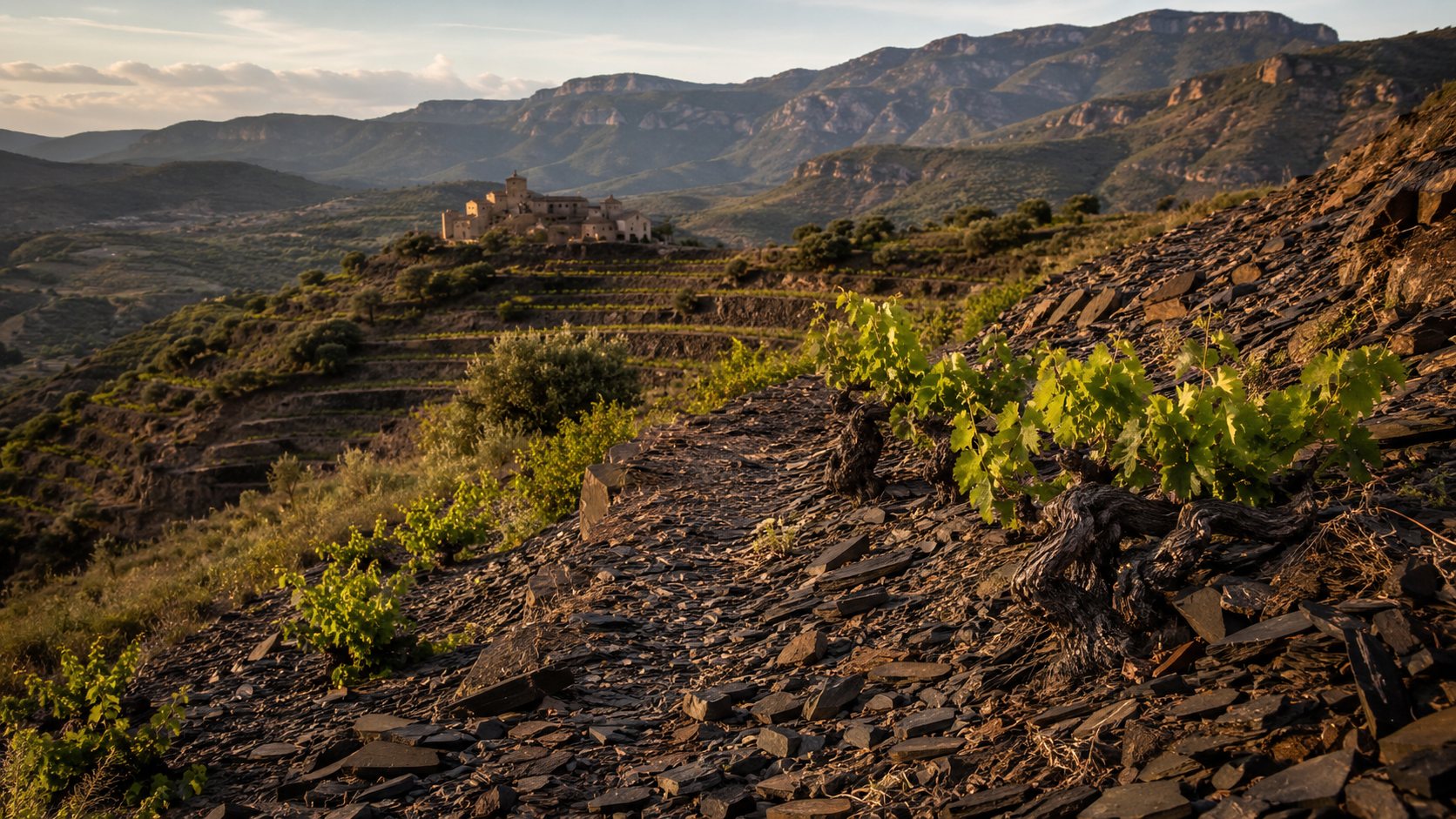 Viñedos de Priorat sobre suelos de llicorella y pendientes de interior catalán