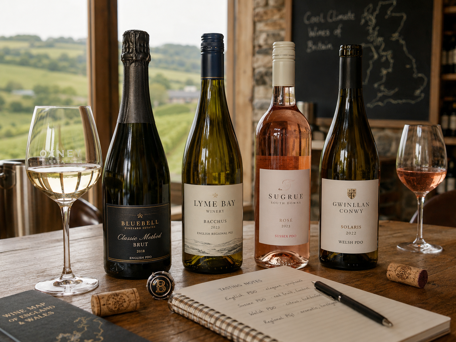 Botellas británicas con ejemplos de English PDO, English Regional PGI, Sussex PDO, Bacchus y Classic Method