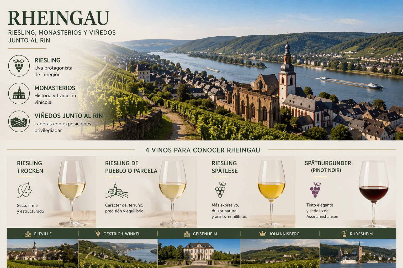 Viñedos de Rheingau junto al Rin con pueblos, monasterios y castillos