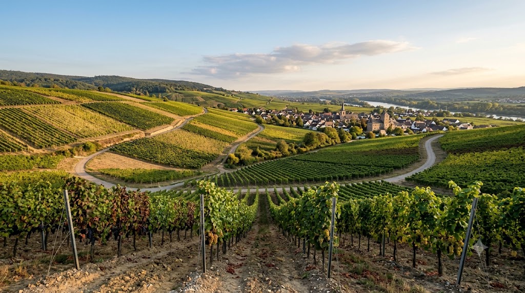 Viñedos ondulados de Rheinhessen y Pfalz con pueblos y caminos del vino