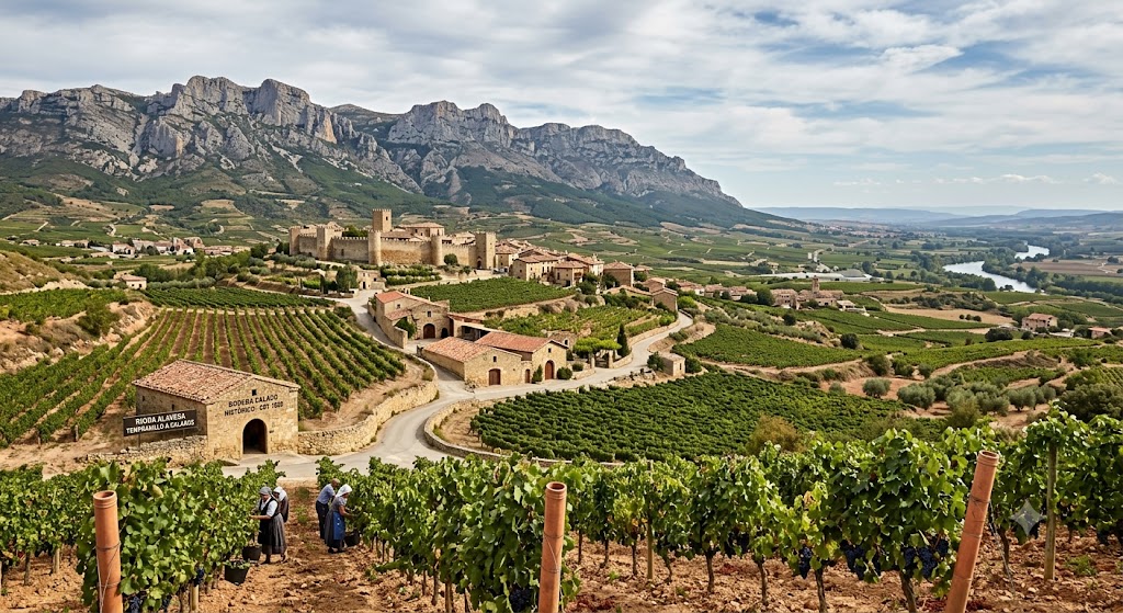 Viñedos de Rioja Alavesa con Laguardia y la Sierra de Cantabria