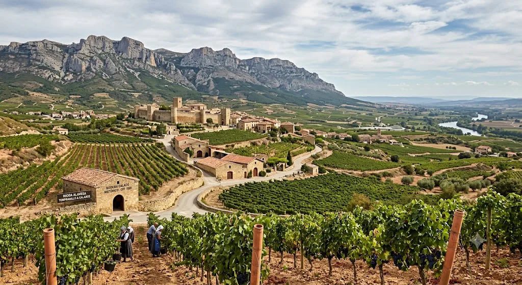 Viñedos de Rioja Alavesa con Laguardia y la Sierra de Cantabria