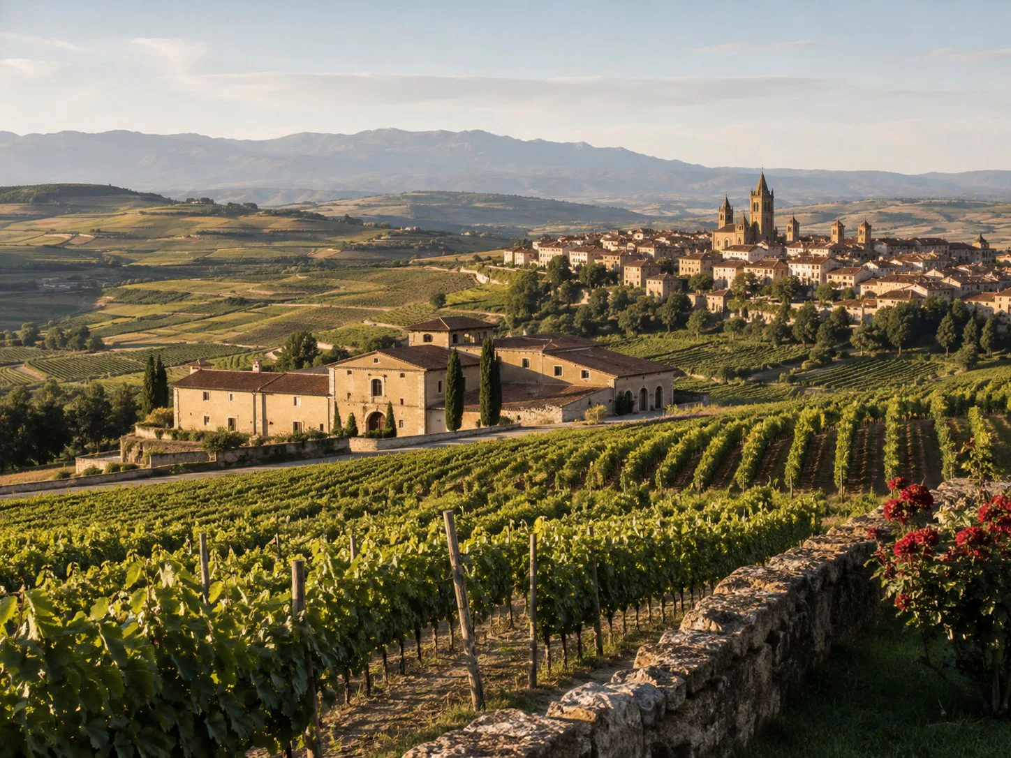 Viñedos de Rioja Alta con colinas, pueblos históricos y montañas al fondo