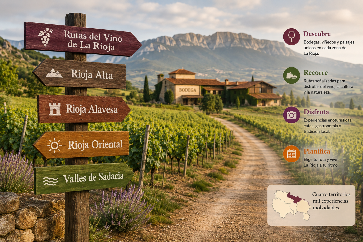 Ruta del vino en La Rioja con bodegas, pueblos históricos y viñedos junto al Ebro