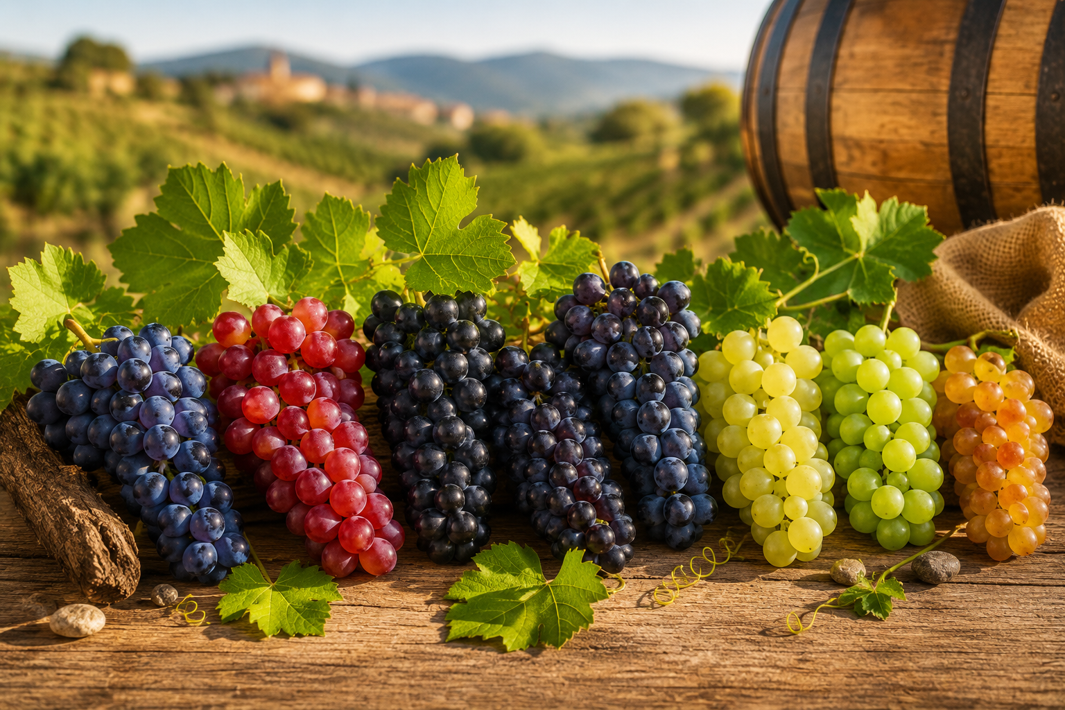 Racimos de Tempranillo, Garnacha, Graciano, Mazuelo y Viura en viñedos riojanos