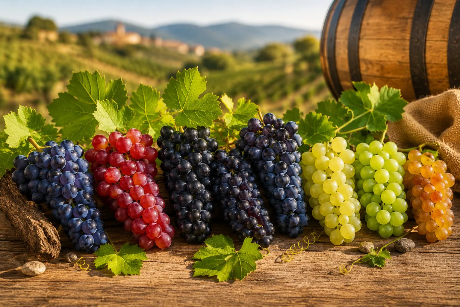 Racimos de Tempranillo, Garnacha, Graciano, Mazuelo y Viura en viñedos riojanos