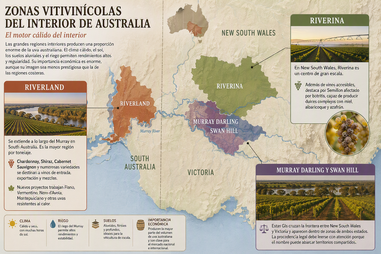 Viñedos regados junto al río Murray en las regiones cálidas del interior australiano