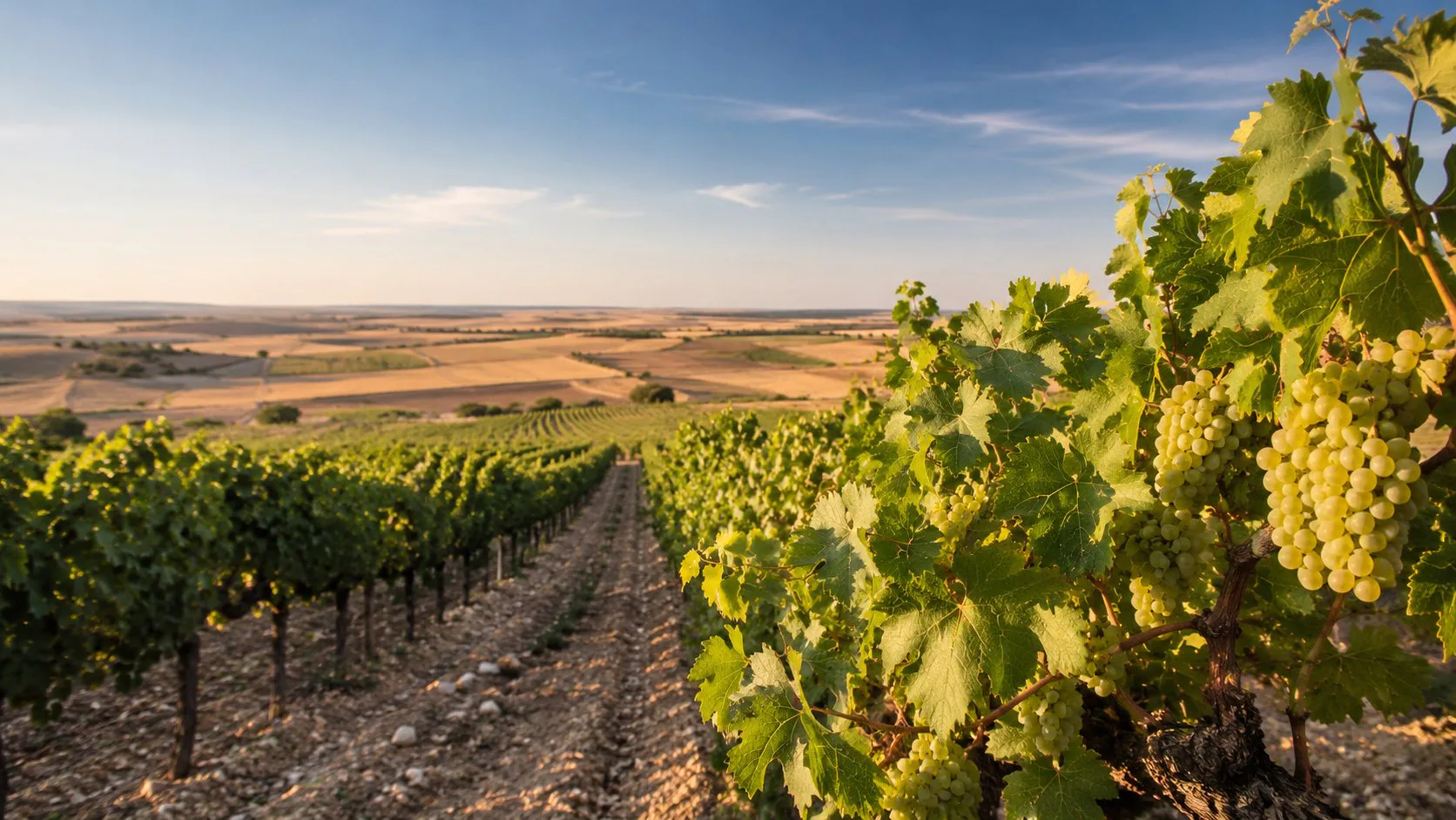 Viñedos de Verdejo en la D.O. Rueda con paisaje de Castilla y León