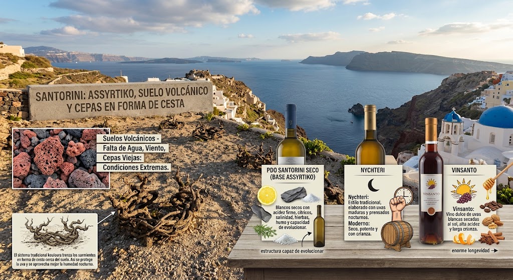 Cepas de Assyrtiko formadas en kouloura sobre el suelo volcánico de Santorini