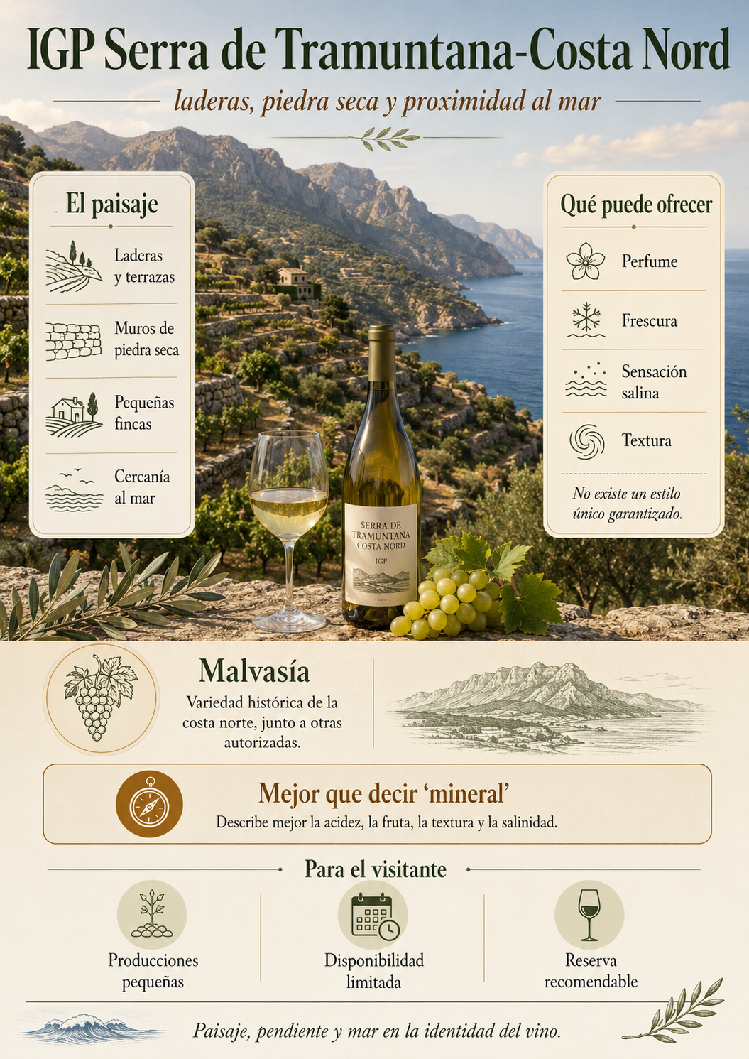Viñedos en terrazas de la Serra de Tramuntana y la costa norte de Mallorca con muros de piedra y mar