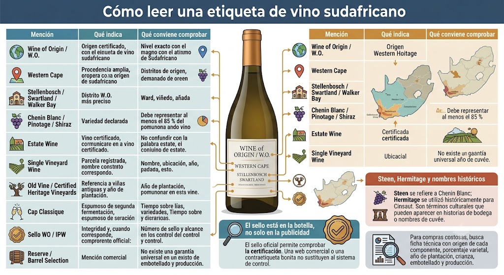 Etiquetas sudafricanas con Wine of Origin, variedad, añada y sello de sostenibilidad