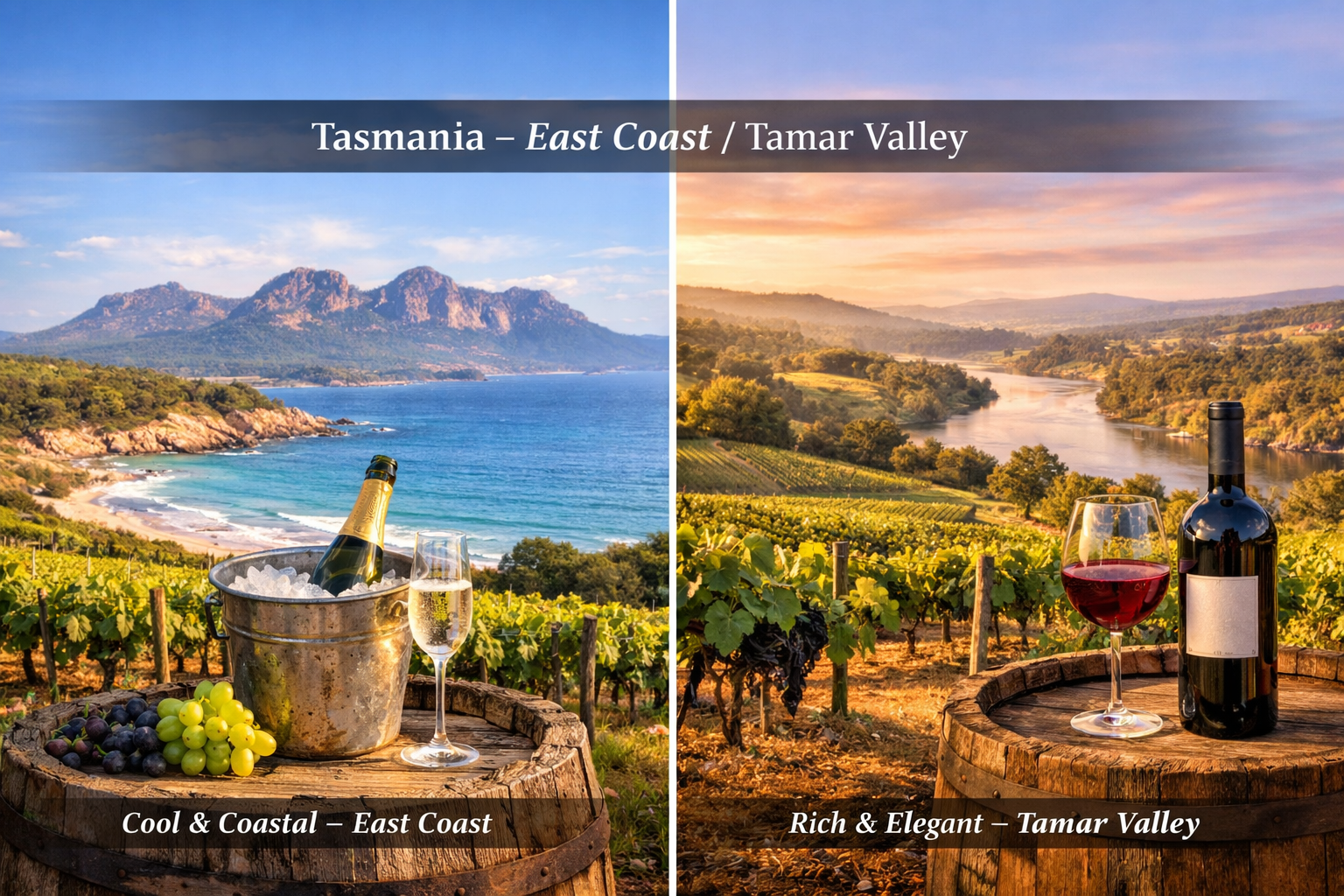 Viñedos de clima frío en Tasmania destinados a Pinot Noir, Chardonnay y espumoso
