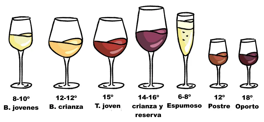Temperaturas recomendadas de consumo para espumosos, blancos, rosados, tintos y generosos