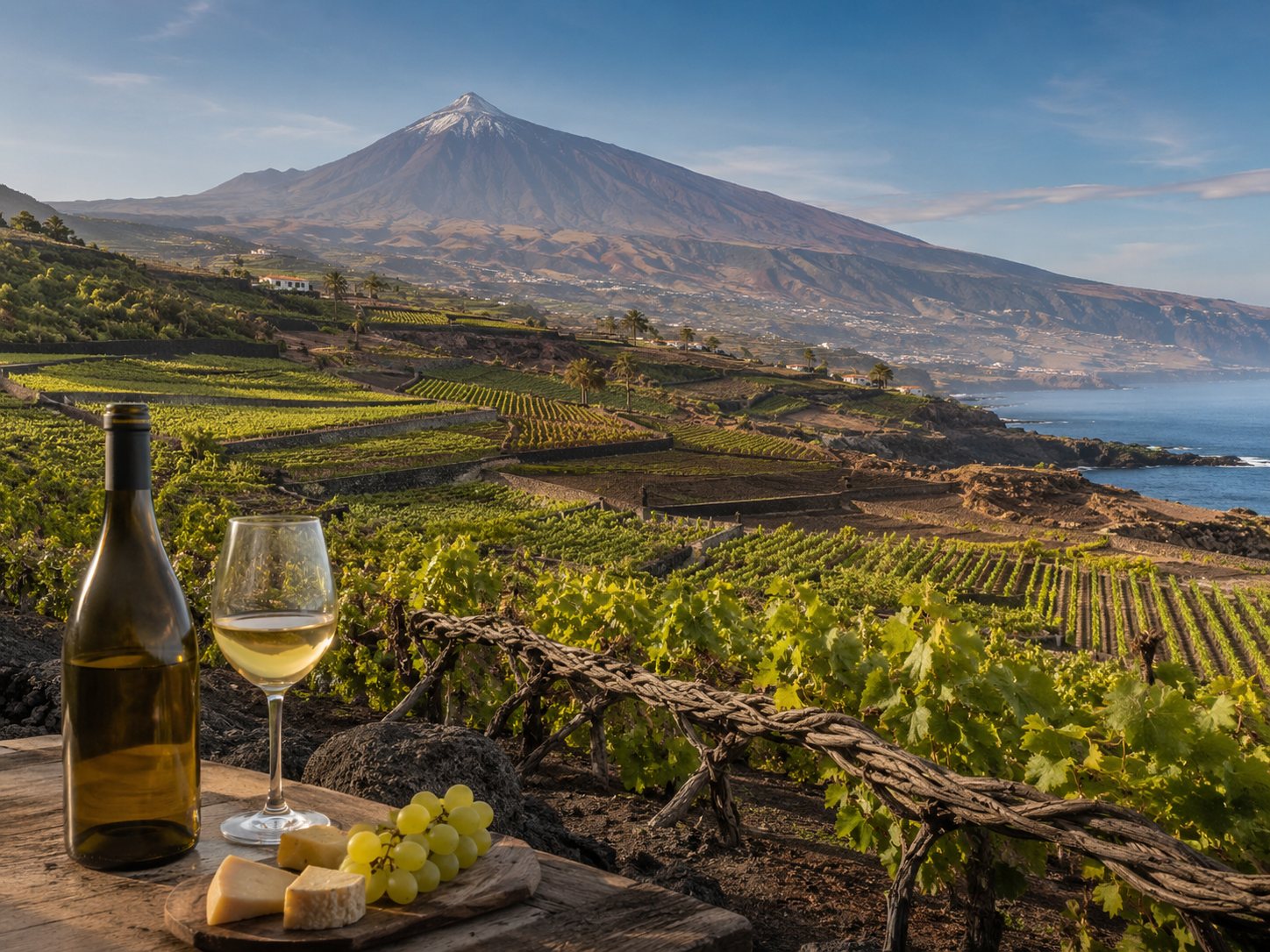 Viñedos de Tenerife en laderas volcánicas con el Teide, mar de nubes y cepas tradicionales