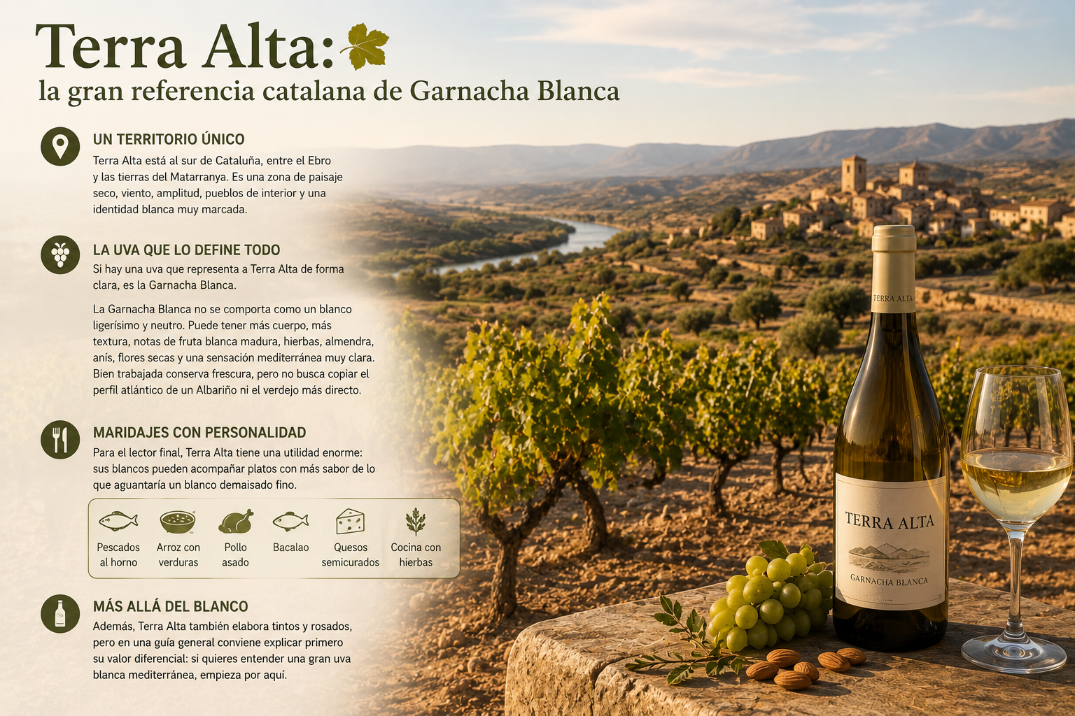 Viñedos de Garnacha Blanca en Terra Alta con paisaje seco del sur de Cataluña