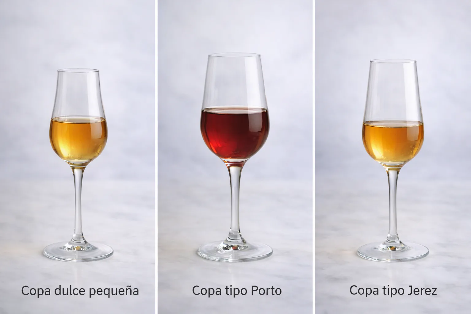Tipos de copas para vinos dulces y fortificados: copa dulce pequeña, copa tipo Porto y copa de Jerez para generosos