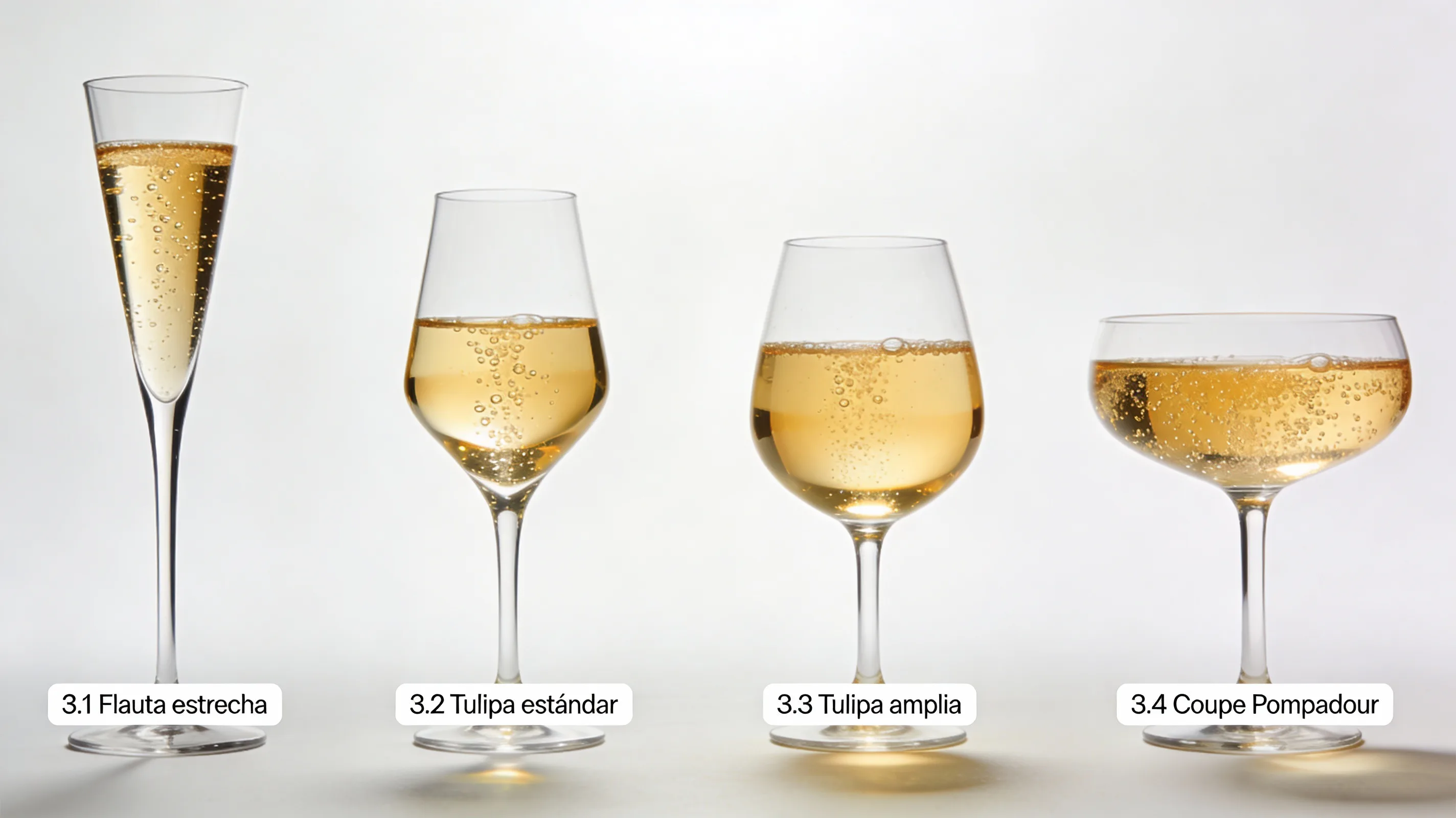 Tipos de copas para espumoso: flauta estrecha, tulipa estándar, tulipa más amplia y copa coupe o Pompadour