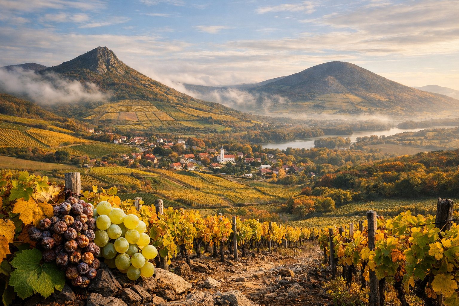 Viñedos de Furmint en las colinas volcánicas de Tokaj junto a pueblos y bodegas históricas
