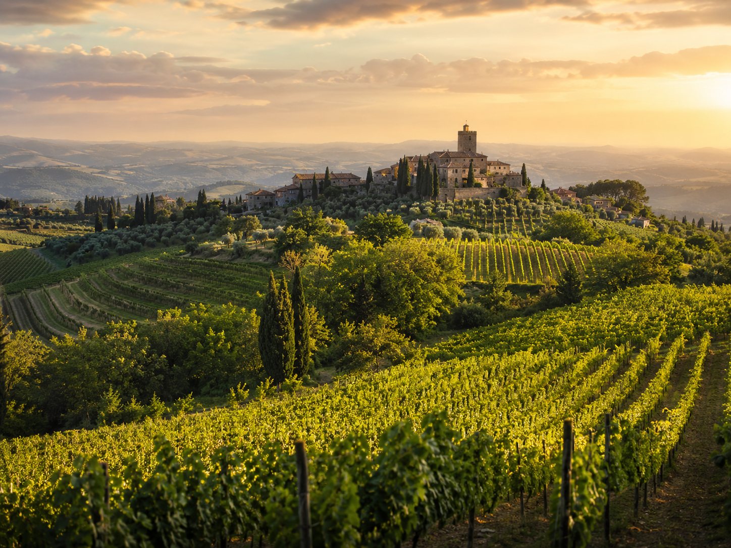 Viñedos de Toscana entre colinas, cipreses, pueblos y bodegas