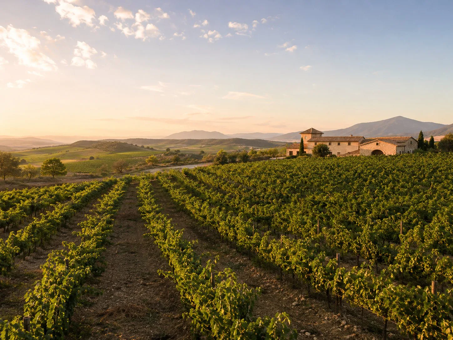 Viñedos de Valles de Sadacia en el este de La Rioja con paisaje del valle del Ebro