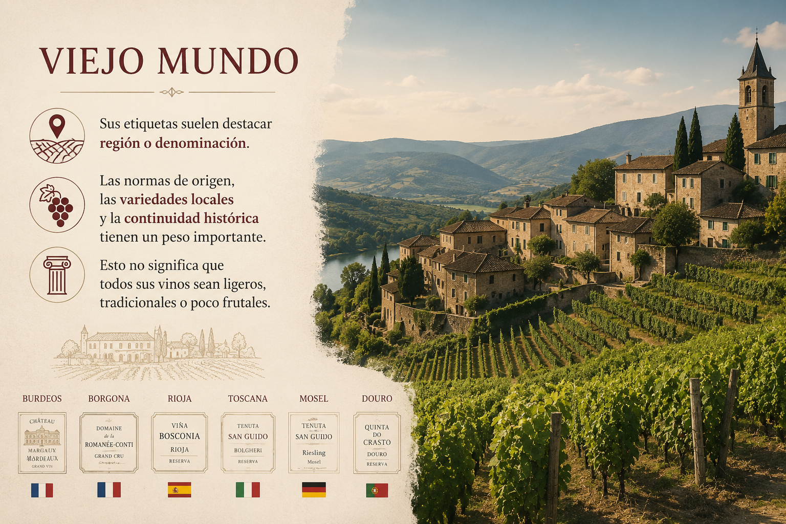 Viñedos históricos europeos con pueblos, terrazas y bodegas tradicionales