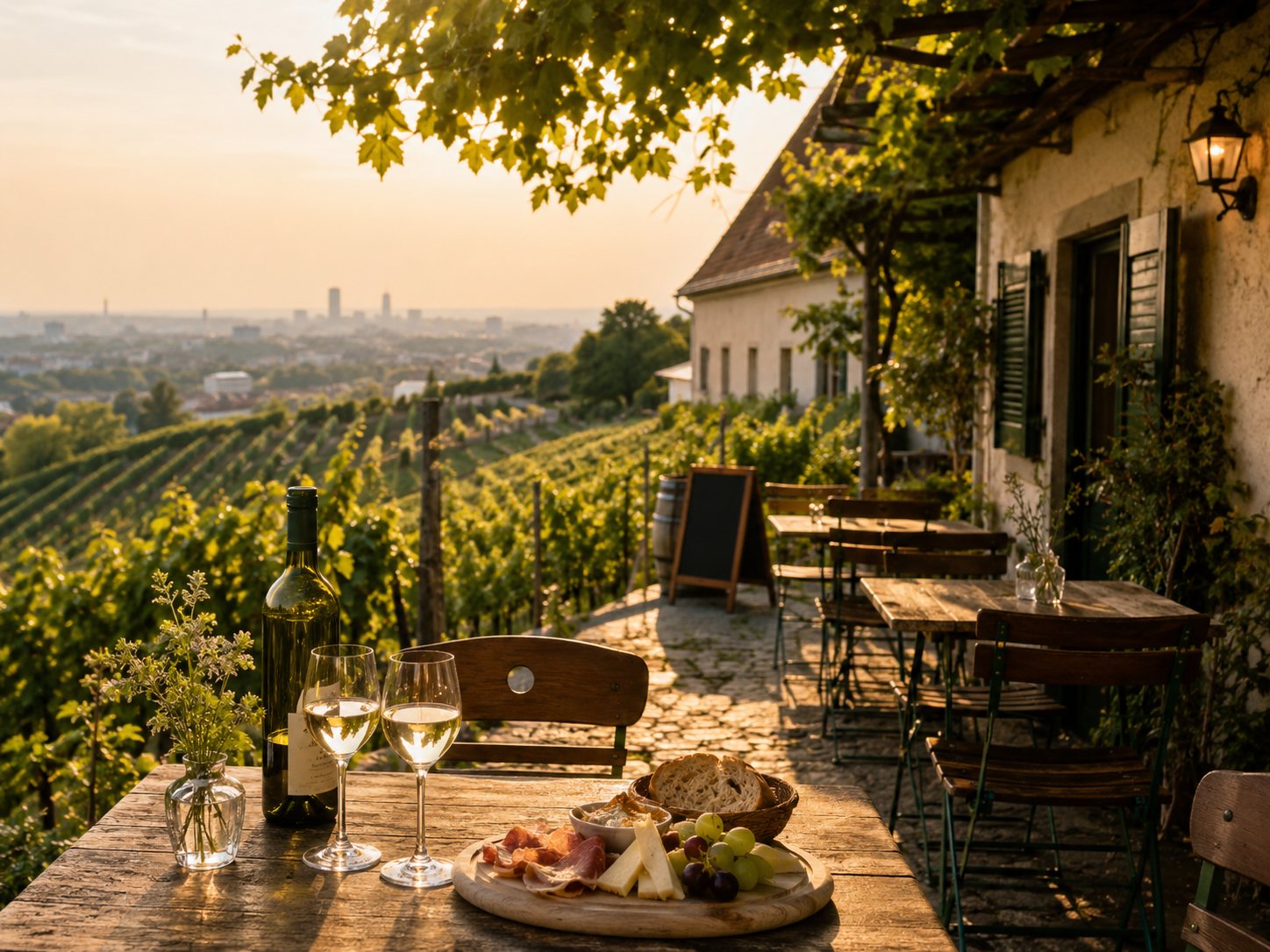 Viñedos de Viena con vistas a la ciudad y una taberna tradicional Heuriger