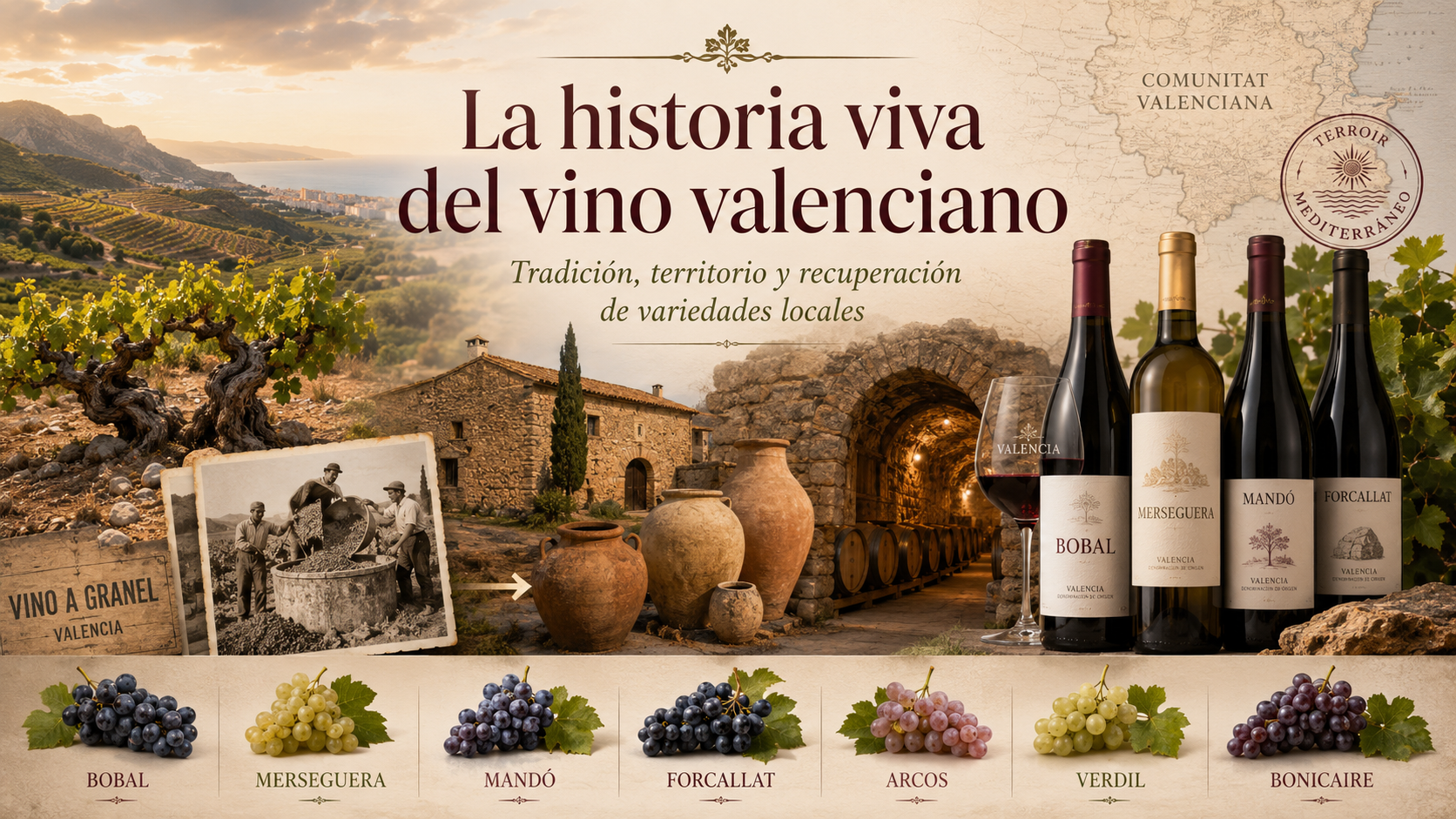 Viñedos valencianos al atardecer con paisaje mediterráneo e interior