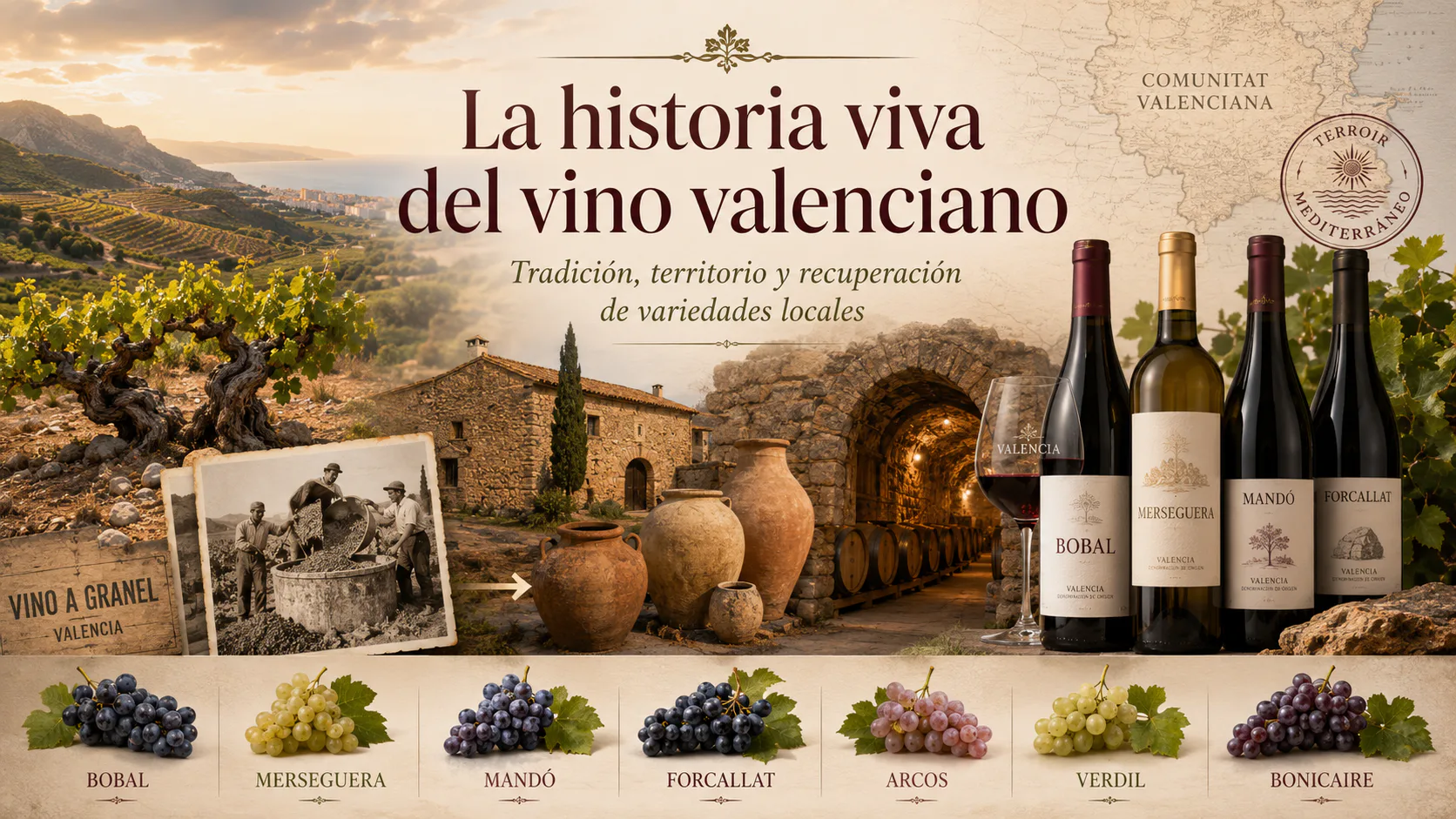 Viñedos valencianos al atardecer con paisaje mediterráneo e interior