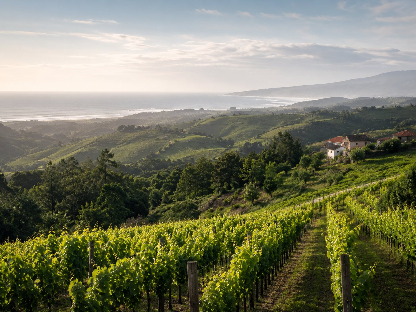 Viñedos de Vinho Verde en un paisaje verde y atlántico con colinas y ríos