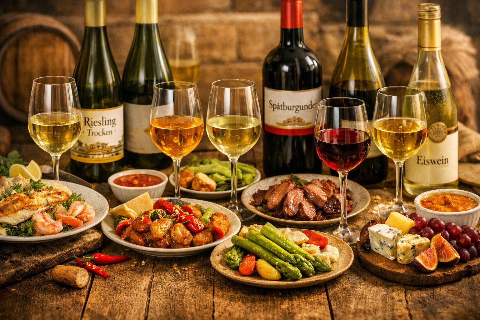 Mesa con Riesling, Spätburgunder, Sekt, pescado, cerdo, embutidos, quesos y cocina especiada
