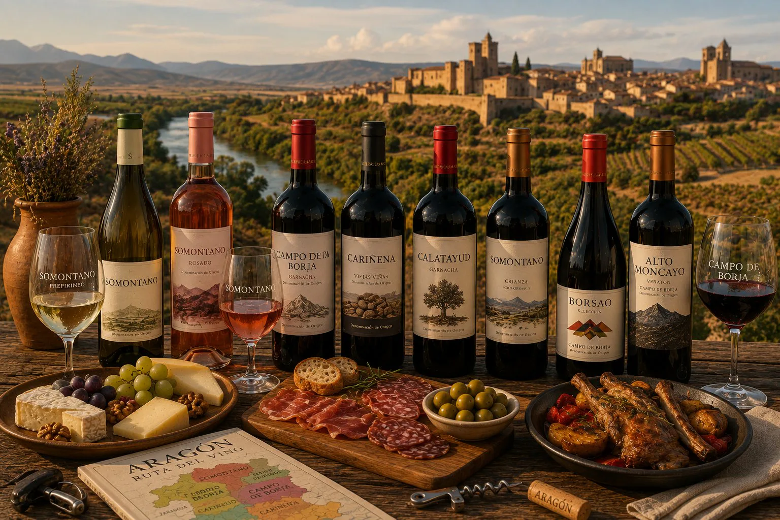 Mesa con vinos de Aragón, ternasco, migas, queso, embutidos y platos de cocina aragonesa