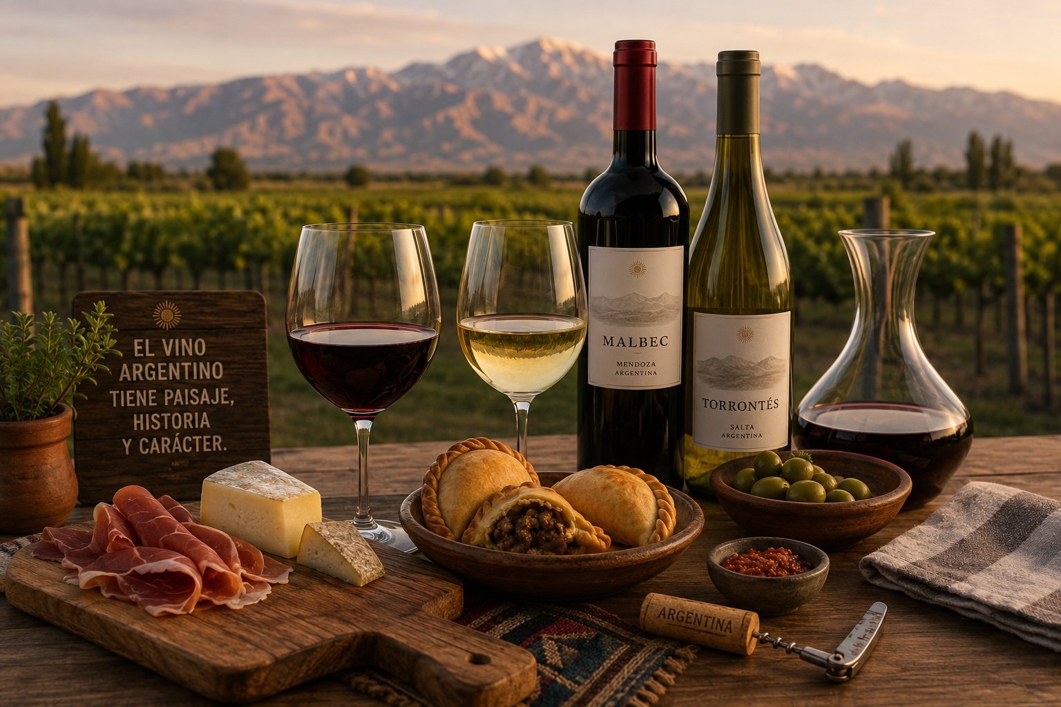 Mesa argentina con vinos, empanadas, carne asada, locro, quesos y platos regionales