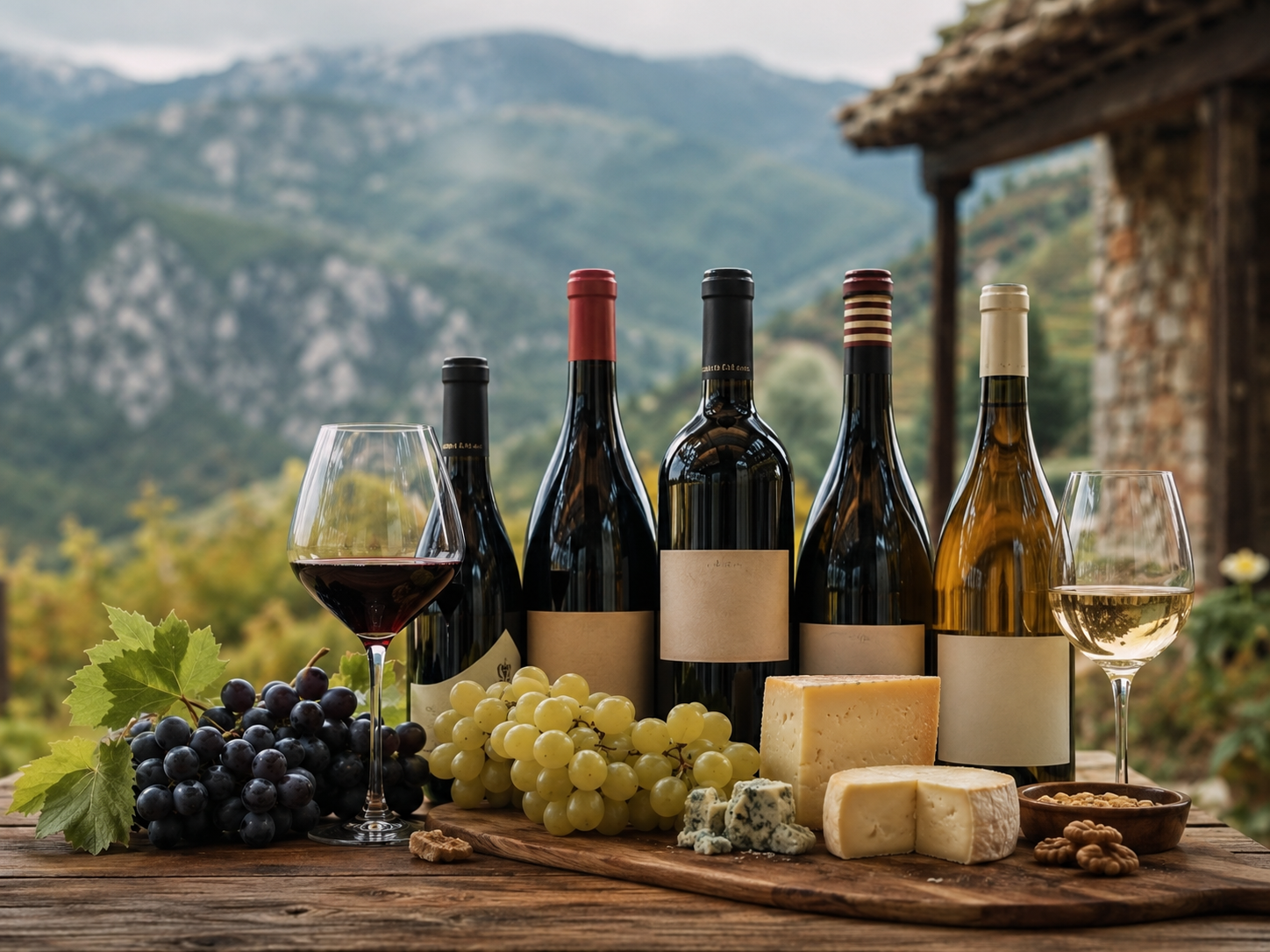 Mesa asturiana con vinos de Cangas, fabada, quesos, embutidos, pescado y pan