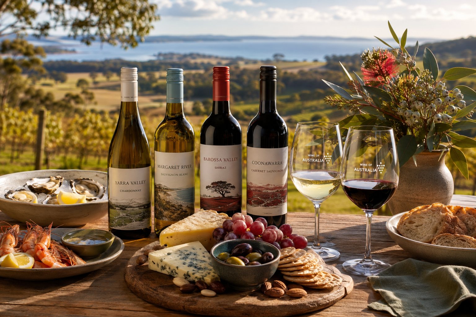Mesa con vinos australianos, carne, pescado, quesos y cocina multicultural