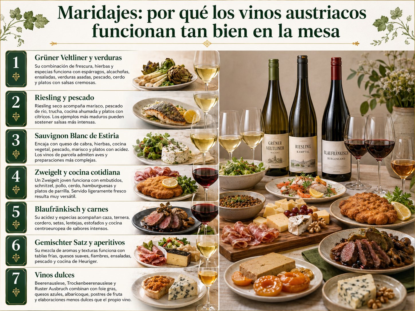 Mesa con Grüner Veltliner, Riesling, Blaufränkisch, Sekt y platos de cocina austriaca