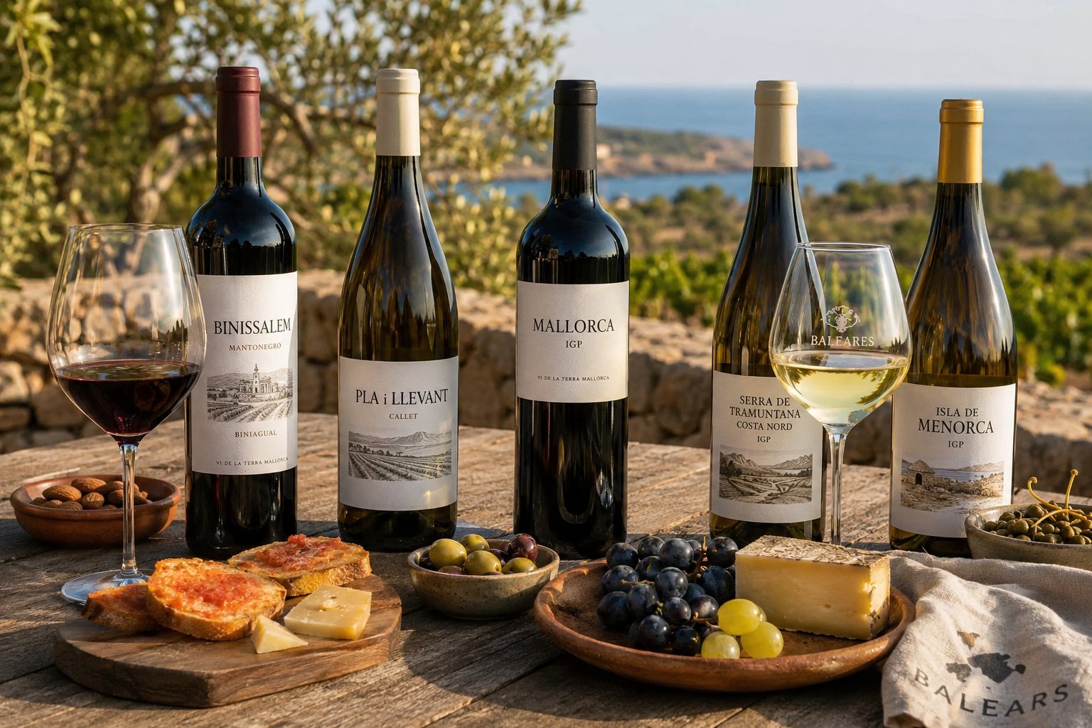 Mesa balear con vinos de Mallorca, Menorca, Ibiza y Formentera, sobrasada, queso, pescado, arroz y verduras