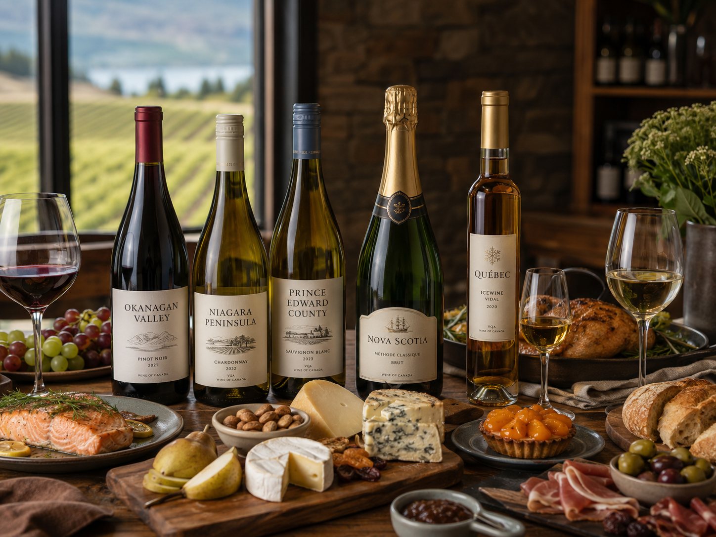 Mesa con Riesling canadiense, Pinot Noir, espumoso, Tidal Bay, pescado, carne, queso e Icewine
