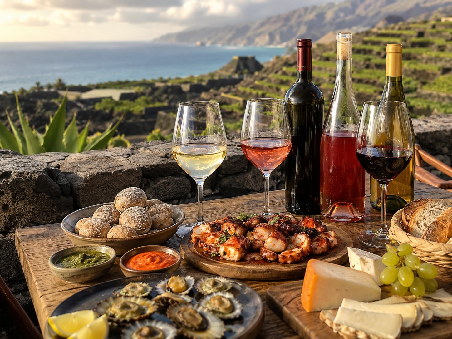 Mesa canaria con vinos blancos y tintos, pescado, papas arrugadas, mojos, quesos, almogrote y carne
