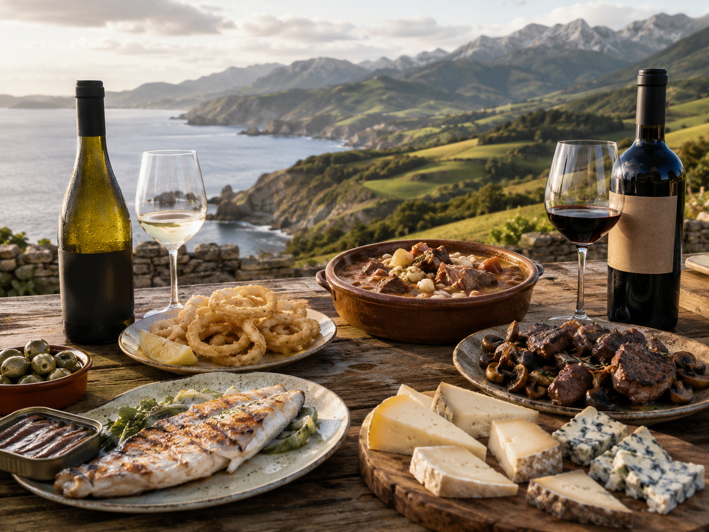 Mesa cántabra con vinos blancos y tintos, anchoas, pescado, cocido, quesos y embutidos
