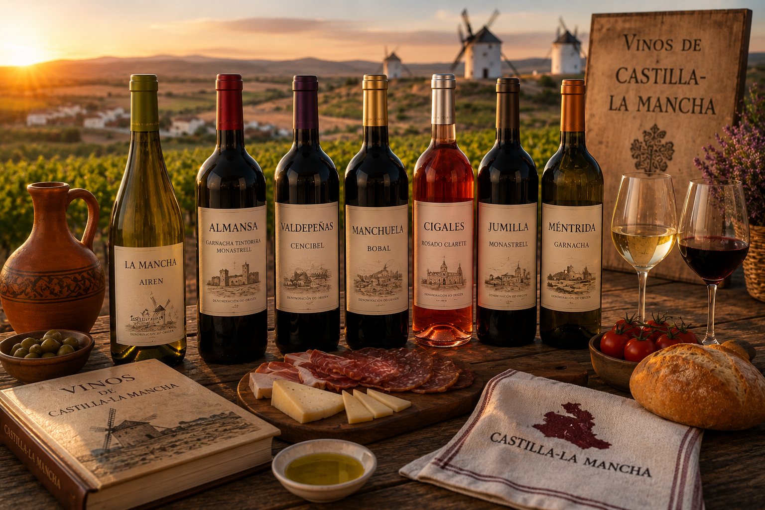 Mesa castellano-manchega con vinos de La Mancha, queso manchego, migas, pisto, cordero, pan y aceite