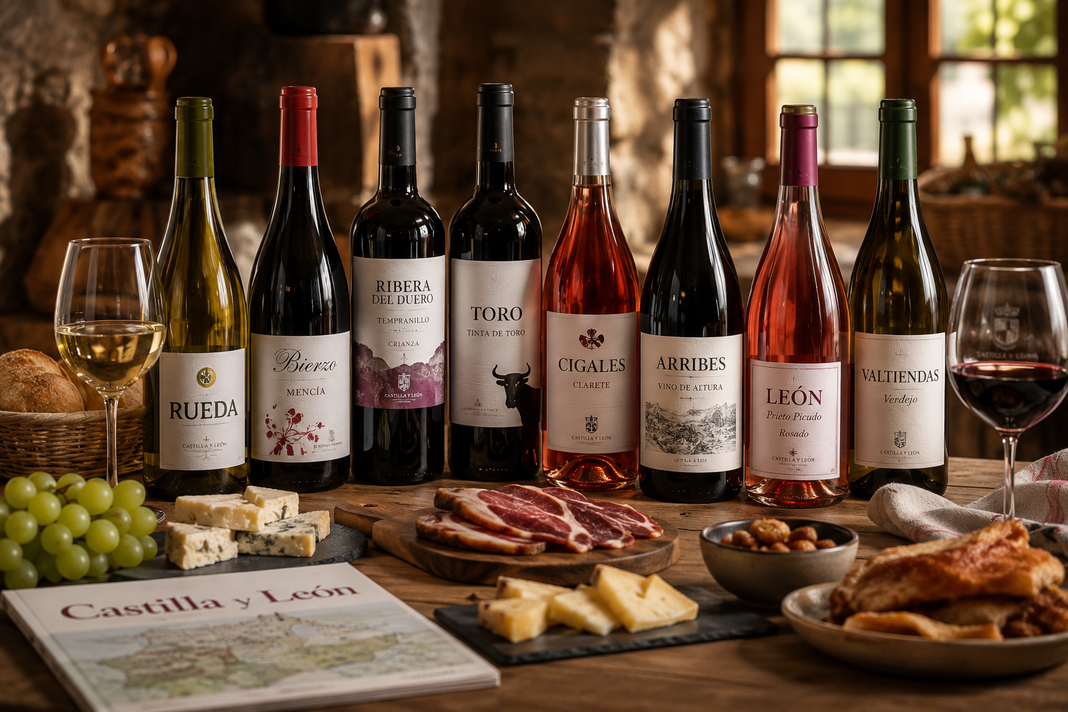 Mesa con vinos de Castilla y León, asado, embutidos, quesos y copa de vino blanco