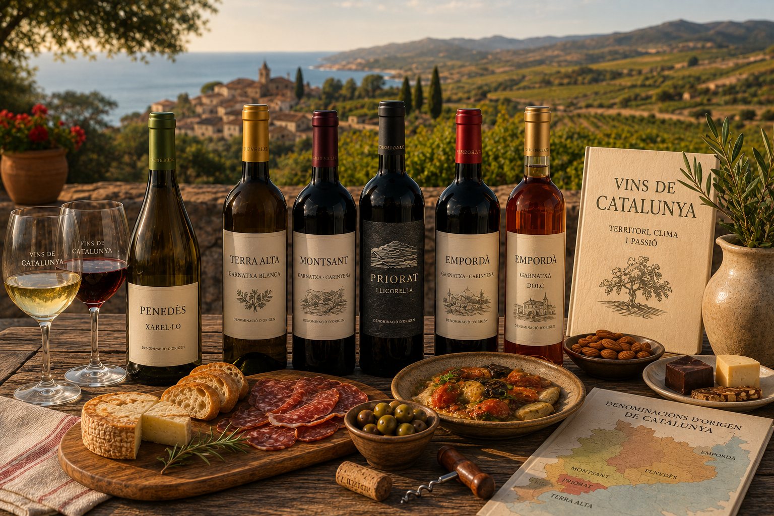 Mesa mediterránea con vinos catalanes, pan, quesos, embutidos, pescado y platos de cocina catalana
